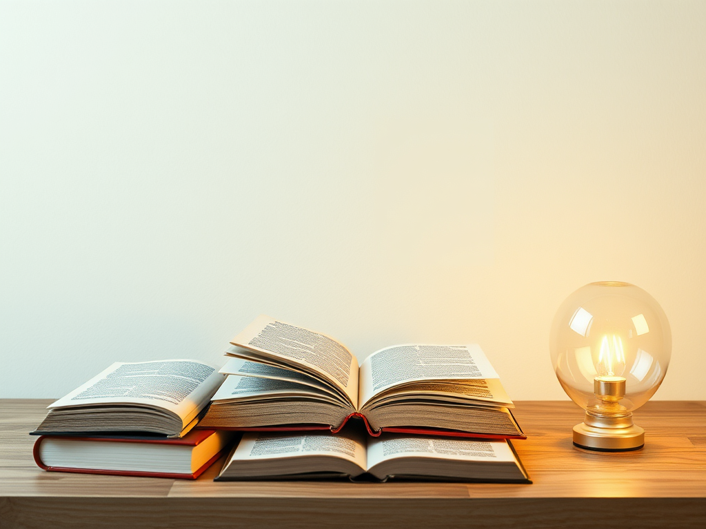 На деревянном столе лежат открытые книги и настольная лампа с теплым светом.