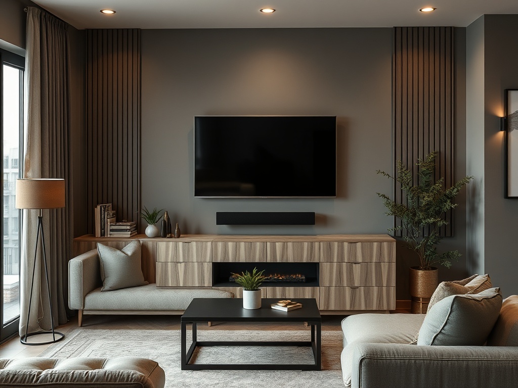 Современная гостиная с телевизором на стене, уютной мебелью и зелеными растениями. Теплая атмосфера.