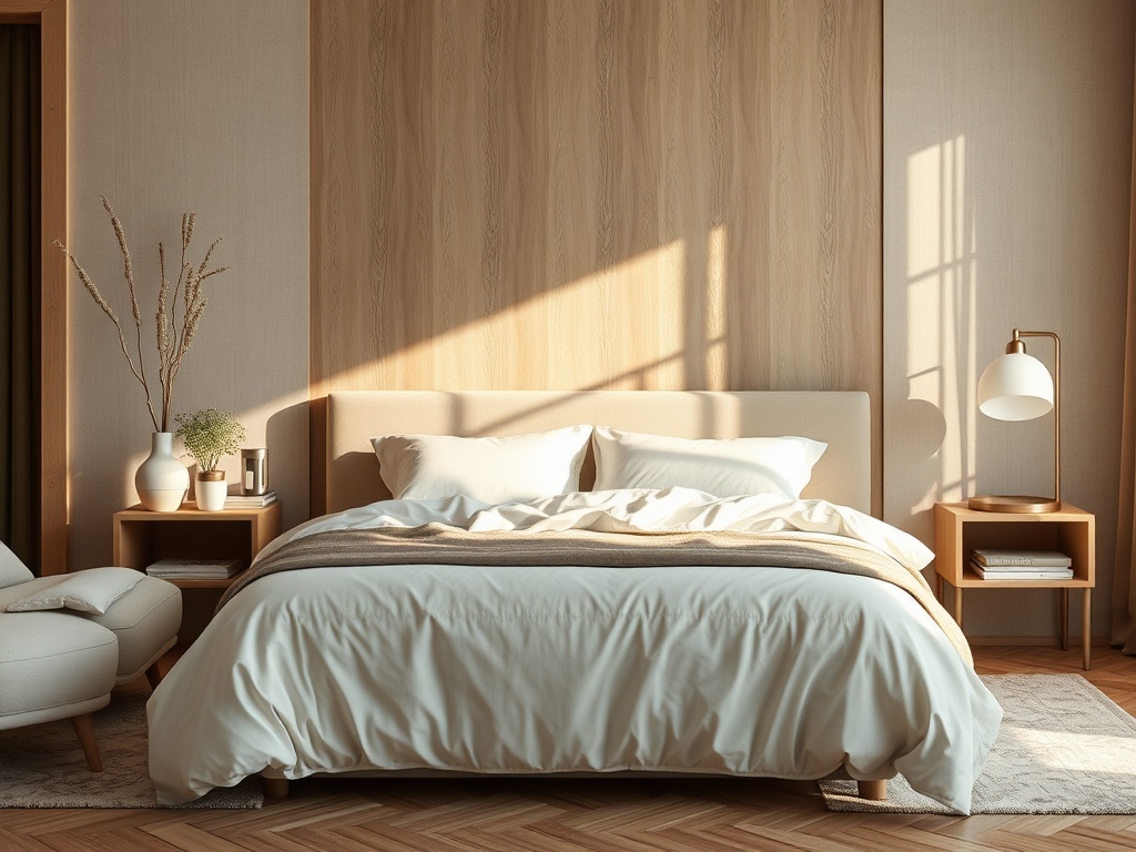 Современная спальня с большой кроватью, светлым текстилем и минималистичной мебелью в спокойных тонах.