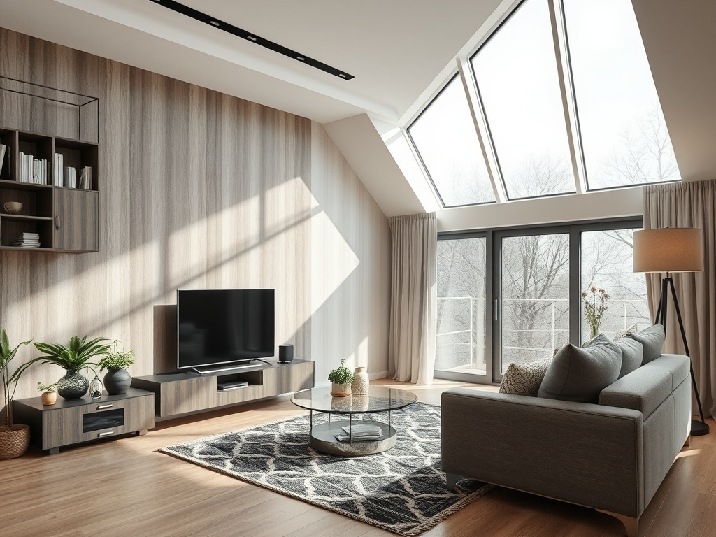 Современная гостиная с большими окнами, уютным диваном и телевизором. Светлое пространство с растениями.