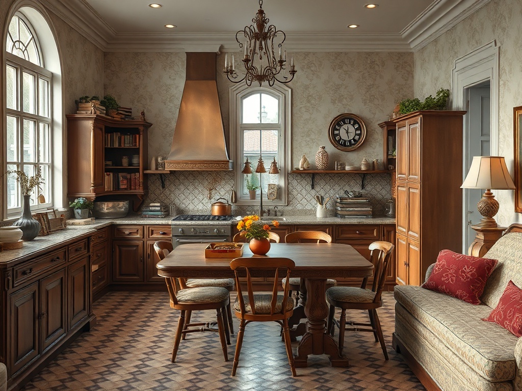 Светлая кухня в классическом стиле с деревянной мебелью, столом и уютным диваном для отдыха.