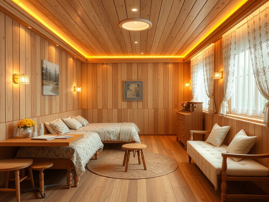 Уютная комната с деревянными стенами, светом и мягкой мебелью, окно с занавесками, цветы на столе.