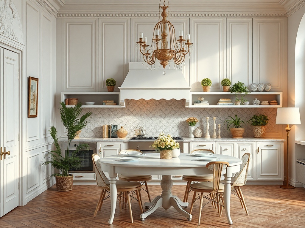 Современная кухня с элегантной мебелью, светлой отделкой и уютной обеденной зоной.